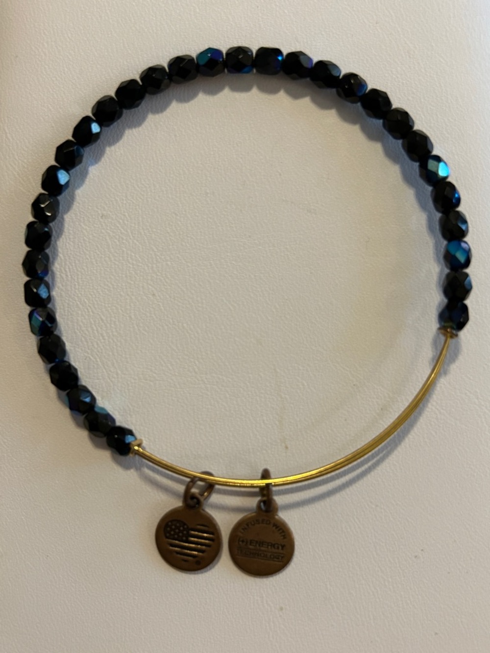 Alex and Ani Iridescent Black Bead Bracelet with Gold-Tone Bangle & Charms